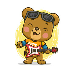 Cute bear with guitar isolated on white background