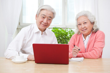 Fototapeta na wymiar The happy old couple are using laptops 