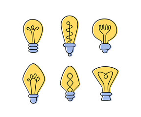 Set of hand drawn Light Bulbs. Collection of different yellow loft lamps in doodle style. Isolated vector objects on white background