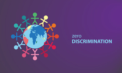 vector illustration of zero discrimination day concept, children hand in hand circling the world - obrazy, fototapety, plakaty