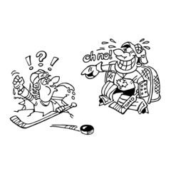 Hockey striker fell into a hole in the ice and the goalkeeper laughs at his accident, attacks and fouls, winter sport joke, black and white cartoon