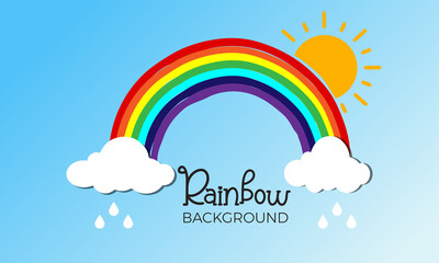 Rainbow with clouds on blue background. Color rainbow with clouds, sky. Vector cartoon illustration isolated on blue. Eps 10