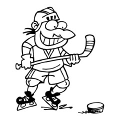 Hockey striker preparing to attack the goal with a puck, winter sport joke, black and white cartoon