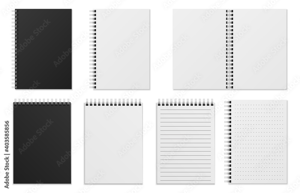 Poster open and closed notebook. blank realistic spiral binder notepad or sketchbook. white sheets, checker