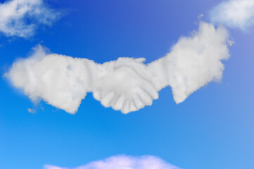 Cloud shape of contract agreement vision by business people shaking hands on blue sky.