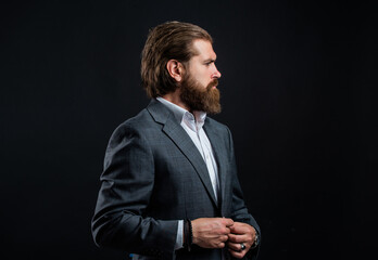 Man with beard wear grey suit corporate style, modern hipster concept