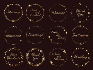 Stardust golden frames. Wedding invitations inscriptions, stars and sparks around, luxury event decor, elegance templates. Round glitter shiny effect particles with copy space vector set