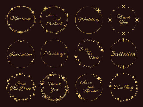 Stardust golden frames. Wedding invitations inscriptions, stars and sparks around, luxury event decor, elegance templates. Round glitter shiny effect particles with copy space vector set