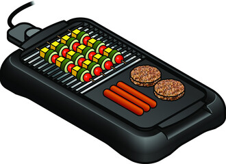 A table-top electric grill. With a spread of burgers, sausages and vegetable skewers.