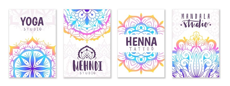 Mandala yoga ornament. Oriental patterns cards with decorative indian color fractals, meditation circles. Mehndi tattoo, yoga or beauty fashion spa backgrounds vector posters set