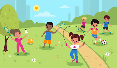 Fototapeta na wymiar Children outdoor sport. Kids summer outdoor physical activities, girls and boys park games, football, badminton and skipping rope. Little friends play together vector cartoon concept