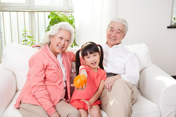 Happy grandparents and grandchildren are playing in the living room