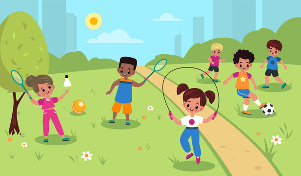 Children outdoor sport. Kids summer outdoor physical activities, girls and boys park games, football, badminton and skipping rope. Little friends play together vector cartoon concept
