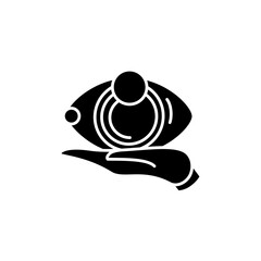 Idea review glyph icon. Eye on palm filled flat sign. Concept of creative project showing and product solution presentation. Isolated silhouette vector illustration for project management and business
