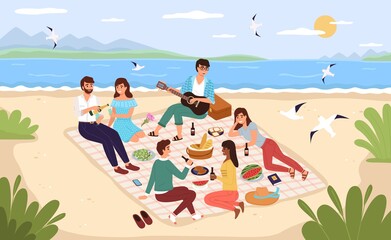 Sea picnic. Young happy people drink and eat on beach, friends relax at ocean shore and have lunch together, men and women lie and sit on blanket outdoor. Vector flat cartoon concept