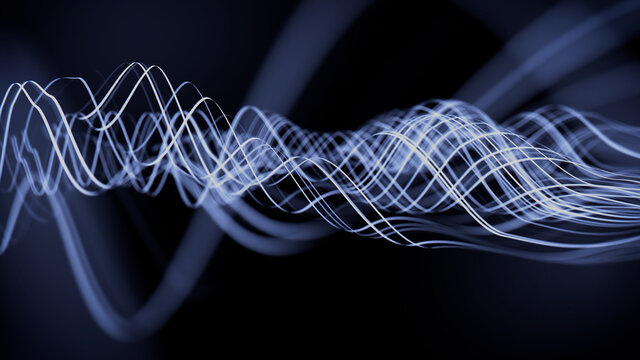 Sound Wave Vizualisation concept. Music audio frequencies represented as High Tech Futuristic Flow line Waves. Abstract background. 3D render
