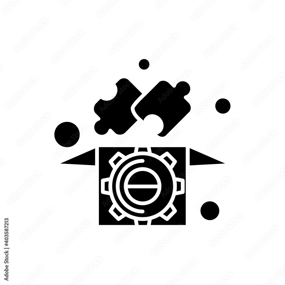 Poster solution glyph icon.jigsaw puzzle fit into box with gear filled flat sign.problem solving and creati