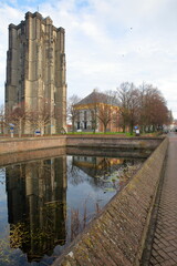 Reflections of the Sint Lievensmonstertoren (Saint Lievens monster church tower), located on Kerkplein in Zierikzee, Zeeland, Netherlands