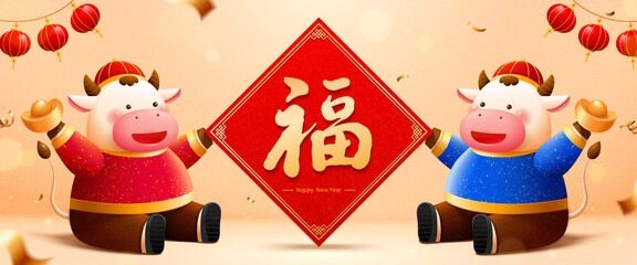 Lunar year cute sitting cows banner