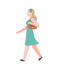Walking flat woman. Modern young happy cartoon female character in summer casual clothes walks in park, woman leisure time activities urban life vector cartoon isolated person outdoors