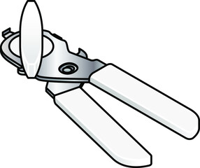 A can opener with white handles.