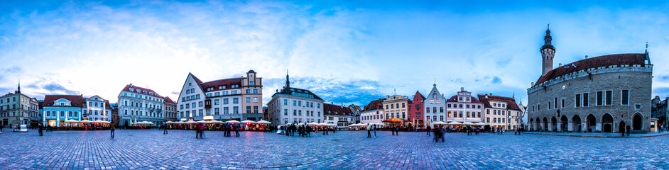 Night Skyline of Tallinn Town Hall Square or Old Market Square, Estonia. Panoramic montage from 24 HDR images