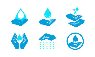 The hand holds the water drop icon. A set of vector icons. Line, glyph, and completed the circuit to keep the circuit of the water resource and filled vector sign. Symbol, logo illustration.