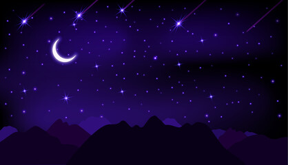Night starry sky with stars, moon and mountains. Dark blue background. horizontal Vector illustration of the starry sky.