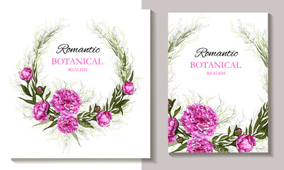 set of wreaths with pink flowers, tropical branches. luxurious, modern design of realistic peonies on a white background. for cards, wedding invitations, greeting cards.