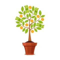 Financial plant. Green tree in pot with leaves, golden flowers coins and dollar cash, business investment profit, saving and growing money. Wealth and success symbol vector flat concept