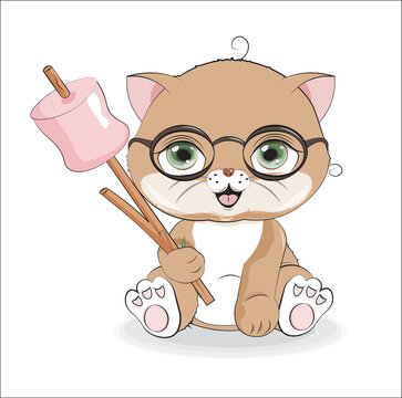 cat in glasses with marshmallows on stick
