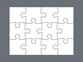 Fototapeta premium Parts of puzzle. White jigsaw infigraphic template, blank matching parts. Empty mockup for kids mosaic toy. Intellectual developing game. Vector layout for dividing picture into squares