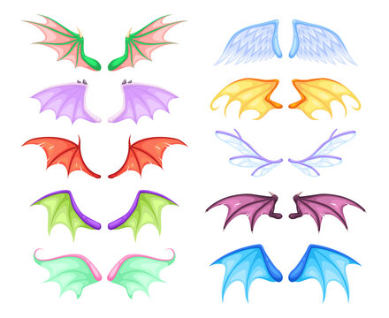 Dragon wings. Different myth and fable creatures pair flying wing, fairy and dragon, angel and demon, bats and birds. Colorful magic decor collection vector cartoon isolated set