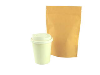 Fototapeta na wymiar Brown kraft paper bag with white paper cup isolated on a white background. Packaging for food. .