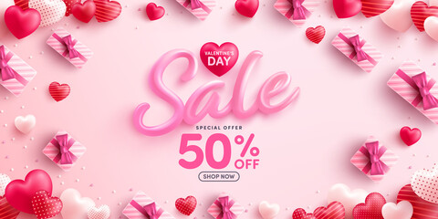 Valentine's Day Sale 50% off Poster or banner with sweet hearts and gift box on pink background.Promotion and shopping template or background for Love and Valentine's day concept.