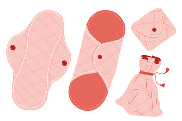 Reusable fabric pads. Women menstruation period theme clip art. Zero waste lifestyle. Eco friendly pads. Vector illustration in cartoons flat style isolated on white background.