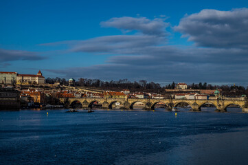 View on Hradcany and Charles Bridge, Vltava river, Prague, Czech republic 2017