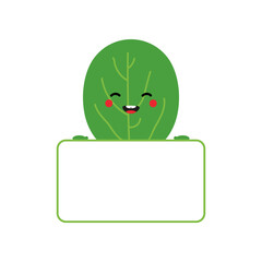 Cute cartoon style smiling green spinach leaf character holding blank, empty card or banner in hands.