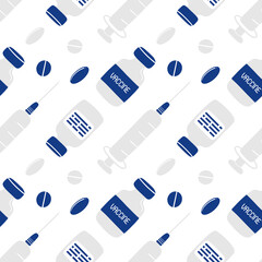 Vaccine bottles, injections, medical syringes and pills. Coronavirus treatment vector cartoon seamless pattern background.