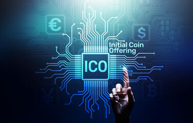ICO - Initial coin offering, Fintech, Financial and cryptocurrency trading concept on virtual...