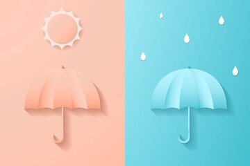 Digital craft paper art umbrella with sun and rain drop minimal style , abstract pink blue background , summer and rainy season , vector illustration