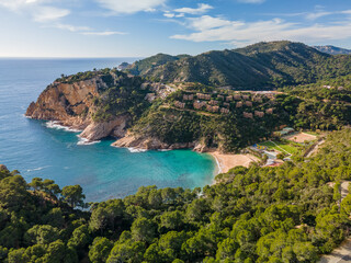 Fototapeta premium Aerial views of tossa de mar in spain catalunya mediterranean beaches drone salions giverola