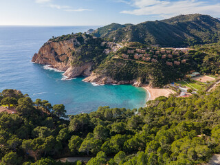 Fototapeta premium Aerial views of tossa de mar in spain catalunya mediterranean beaches drone salions giverola