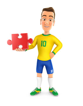 3d soccer player yellow jersey standing with a piece of puzzle