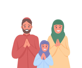 Happy arabian family praying flat color vector faceless characters. Muslim parents and child. Religious tradition. Islam people isolated cartoon illustration for web graphic design and animation