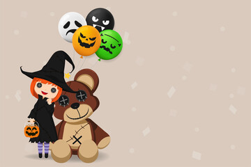 Illustration Happy Halloween Day. Holiday concept with cute little girl wearing a witch costume holding a pumpkin candy basket with balloon and doll bear isolated on background with copy space