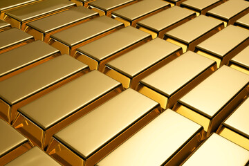 Gold ingots in a row Financial concepts 3D rendering