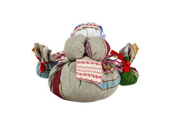 Traditional Russian doll. The doll holds two bundles in her hands. Home creativity. Isolated doll...