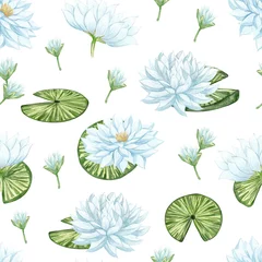 Papier Peint photo Plantes tropicales Watercolor seamless pattern with beautiful lotus flower. Hand drawn white water lilies and leaves floral background