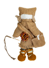 Traditional Russian doll. A shepherd doll, made of coarse cloth. Home creativity. Isolated doll on...